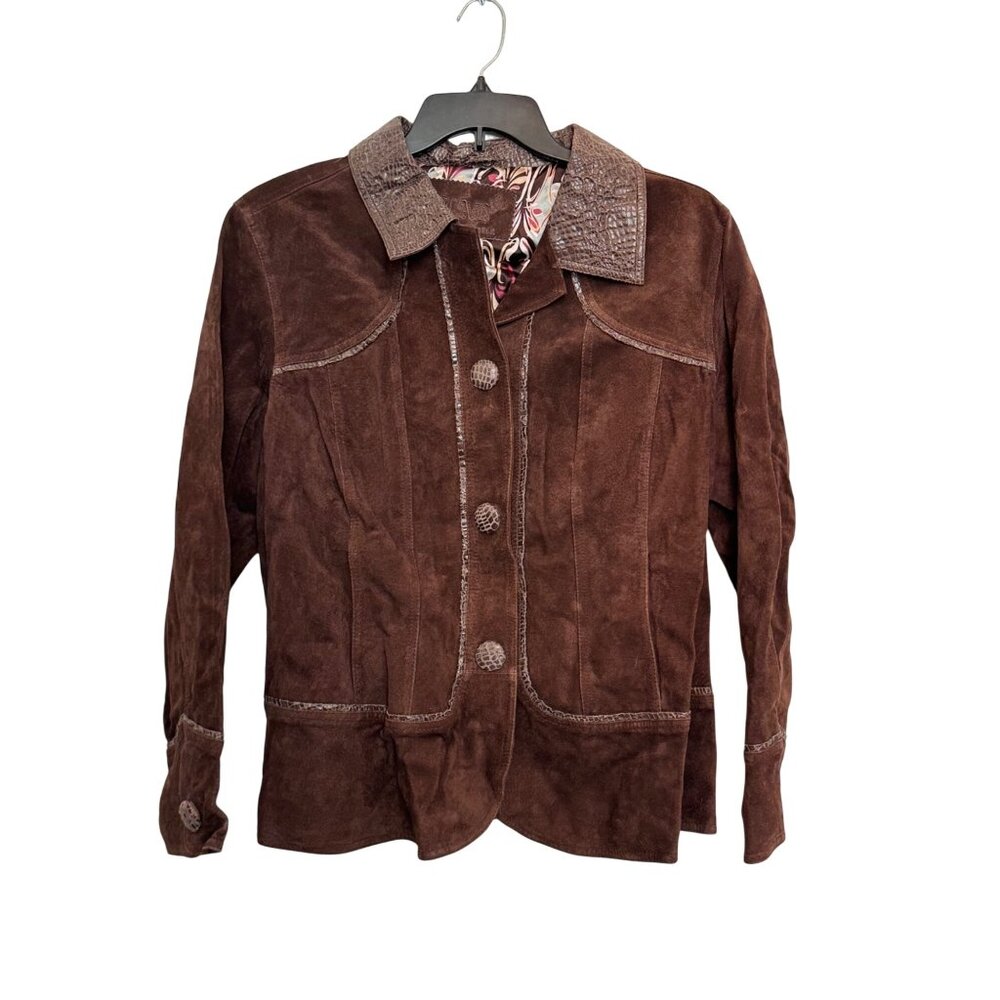 Live A Little Womens Cropped Jacket 1X Brown Embossed Trim Button Down